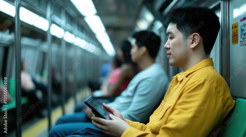 Poster a man using his smartphone for video chatting while sitting on a crowded subway train surrounded by 