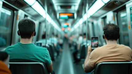 Naklejka premium Commuters ride the subway surrounded by a crowd using their smartphones for video chat and mobile connectivity while in transit on public transportation