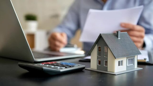 A person analyzing documents and using a calculator next to a model house.