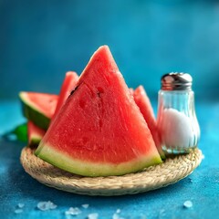 **Watermelon slices and a salt shaker on a light blue background, close-up view. The watermelon slices look delicious and fresh. A slight blur effect adds an aesthetic touch