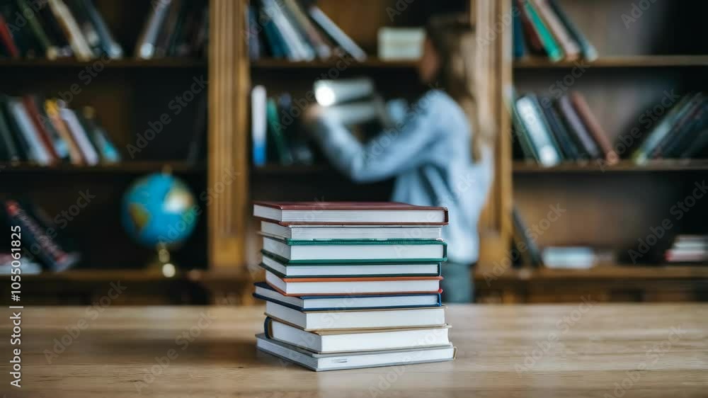 Poster a stack of books in focus with a person organizing books on a shelf in the background.