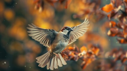 Sparrow in Flight Against an Autumnal Background