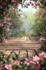 The wooden floor is surrounded by pink flowers, creating an outdoor scene with a blurred background.
