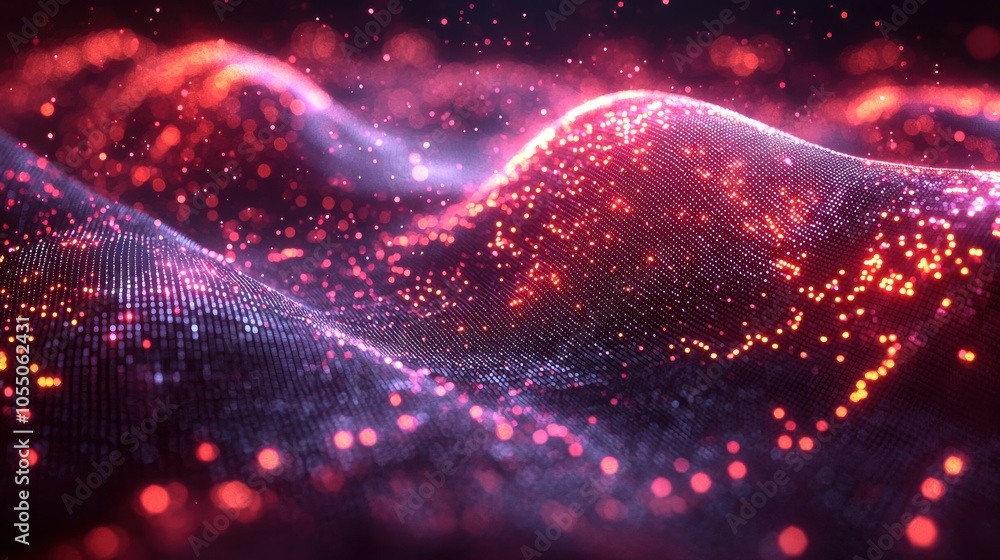Poster abstract representation of colorful glowing particles over flowing waves in a dark setting at night