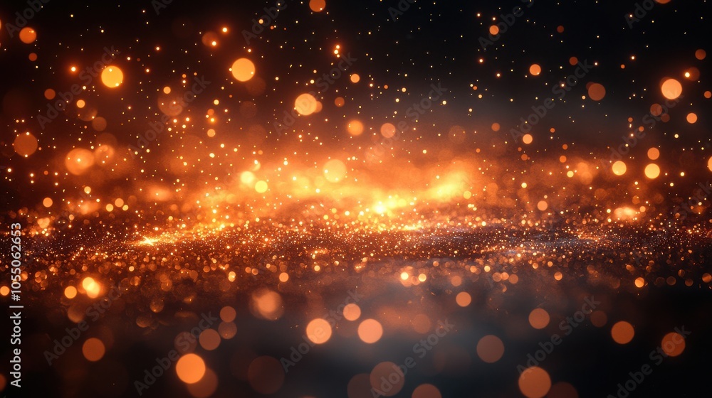 Poster a mesmerizing display of golden particles floating in a dark space during an evening glow event, sho
