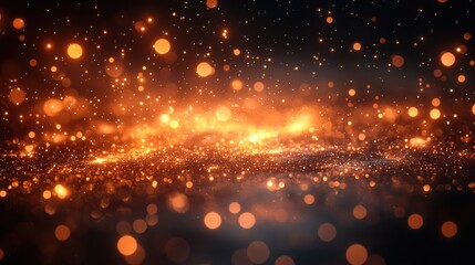 Obraz premium A mesmerizing display of golden particles floating in a dark space during an evening glow event, showcasing light and texture dynamics