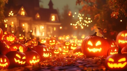 Halloween glowing jack-o’-lanterns arranged in a festive display