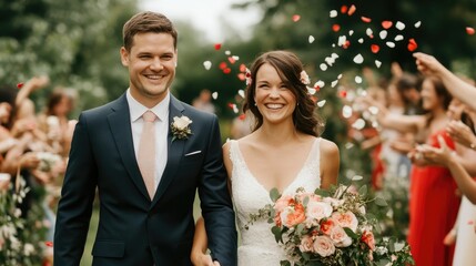 Newlywed Bride and Groom Walking Down the Aisle Together at an Elegant Outdoor Wedding Ceremony Surrounded by Guests Throwing Flower Petals on Their Special Day