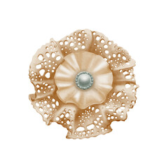 Vintage lace bow brooch with silk insert in beige with pearl and beads in the center,top view as a symbol of elegance.For decorating gift boxes women's greeting cards,scrapbooking