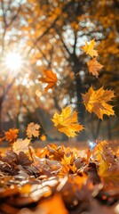 Fallen leaves on the ground with a few leaves still in the air. AI.