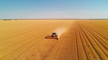 Fototapeta premium Aerial view of a tractor harvesting crops in a vast golden field under a clear blue sky.