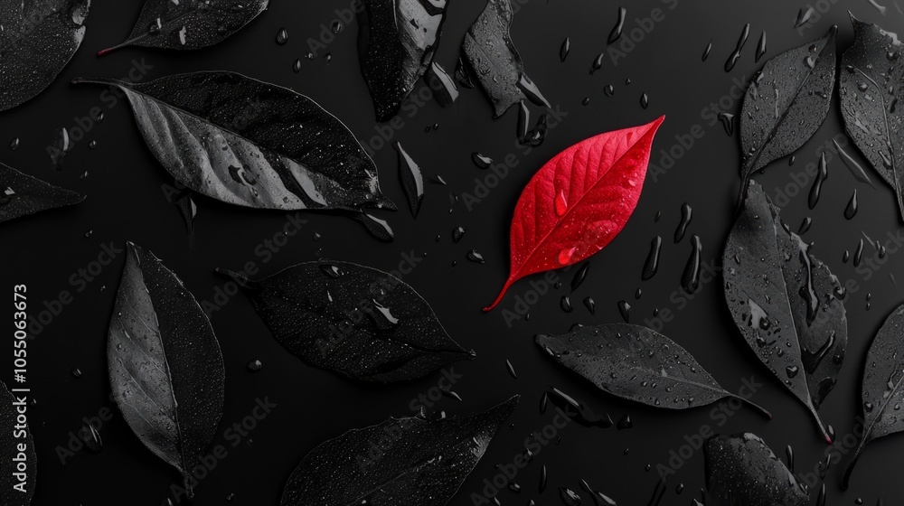Poster a black and red leaf is the only red object in a black background