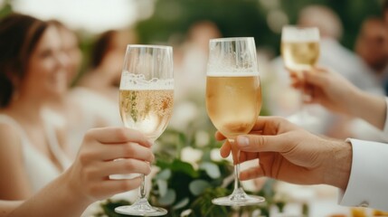 Bride and groom enjoying their wedding meal guests cheering and toasting during a celebratory moment at their wedding reception