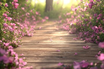 The wooden floor is surrounded by pink flowers, creating an outdoor scene with a blurred background.