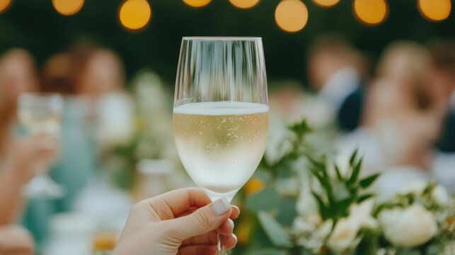 Newlywed couple toasting guests with champagne at their elegant high end wedding reception dinner in a fine dining setting surrounded by cheering friends and family celebrating the joyous occasion