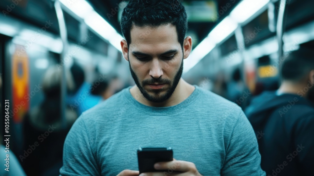 Poster a man standing in a crowded subway car immersed in his smartphone surrounded by the urban environmen