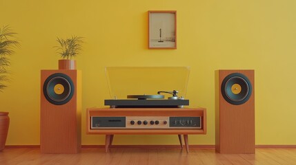A vintage audio setup with a record player and speakers against a bright yellow wall.