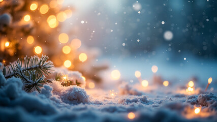 Christmas background with snow effect, bokeh light, flower, pine tree and glowing effect