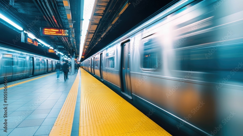 Poster blurred long exposure image of a subway train in motion entering a station platform with passengers 