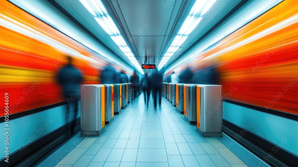 Poster blurred motion of commuters hurrying through subway turnstiles capturing the fast paced energy and d