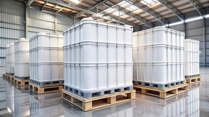 White large containers on pallets for bulk material storage