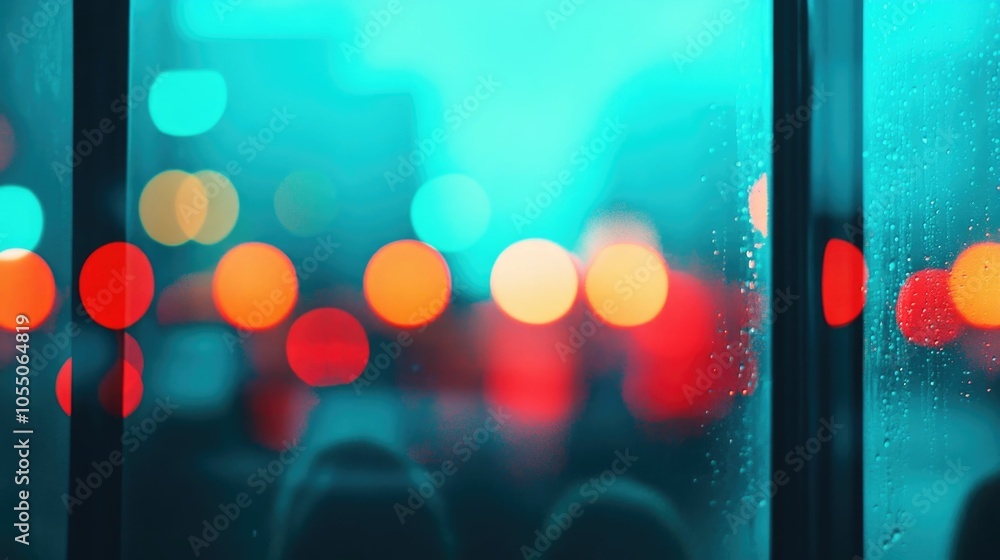Poster blurred image of a bus full of commuters at night with the city lights vividly reflecting on the win