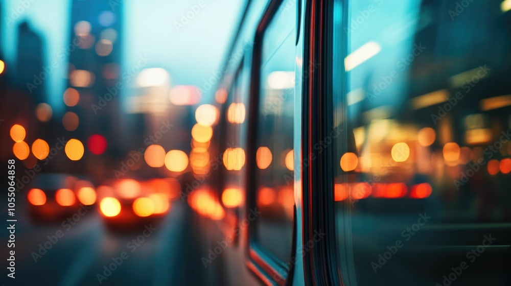 Poster bus filled with commuters traveling at night with the city lights reflecting beautifully on the wind