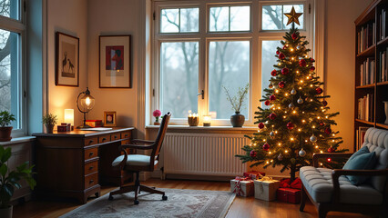 Fototapeta premium Christmas tree in the interior. Free space.