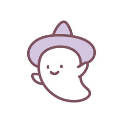 Cute ghost wizard icon. Hand drawn illustration of a ghost in a witch hat isolated on a white background. Kawaii halloween sticker. Vector 10 EPS.