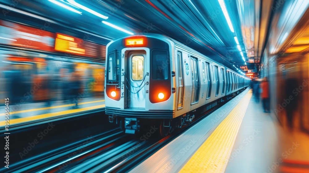 Poster blurred motion of commuters quickly disembarking a subway train in a busy dimly lit urban station wi