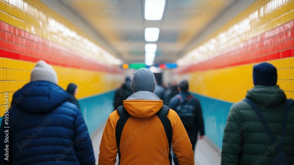 Poster overhead view of commuters walking through a vibrant subway station surrounded by colorful city post