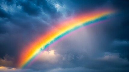 Fototapeta premium A vivid rainbow arches through a stormy grey sky, cutting through the rain and creating a stunning contrast between light and dark. rainbow after rain, dramatic sky