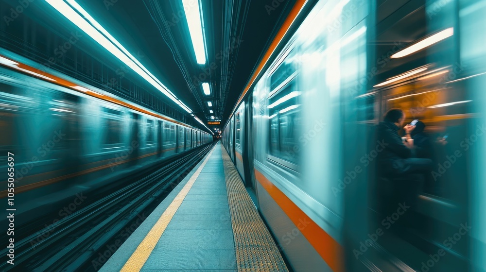 Poster blurred motion of a high speed subway train rushing through a vibrant underground tunnel with commut