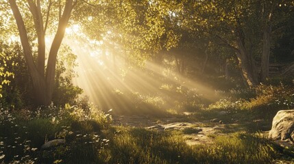 A tranquil forest bathed in golden sunlight with soft beams filtering through, leaving a peaceful space for text.