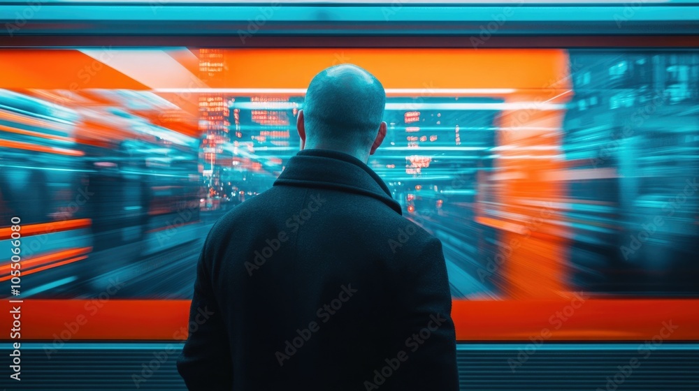 Poster a solitary figure gazes out the window of a subway car transfixed by the blur of the rushing urban l
