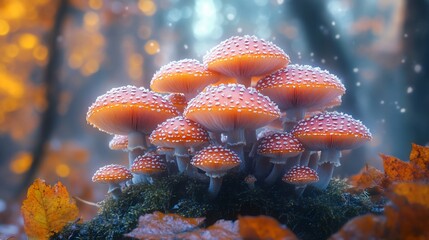 A cluster of vibrant mushrooms with dew drops in a misty autumn forest.