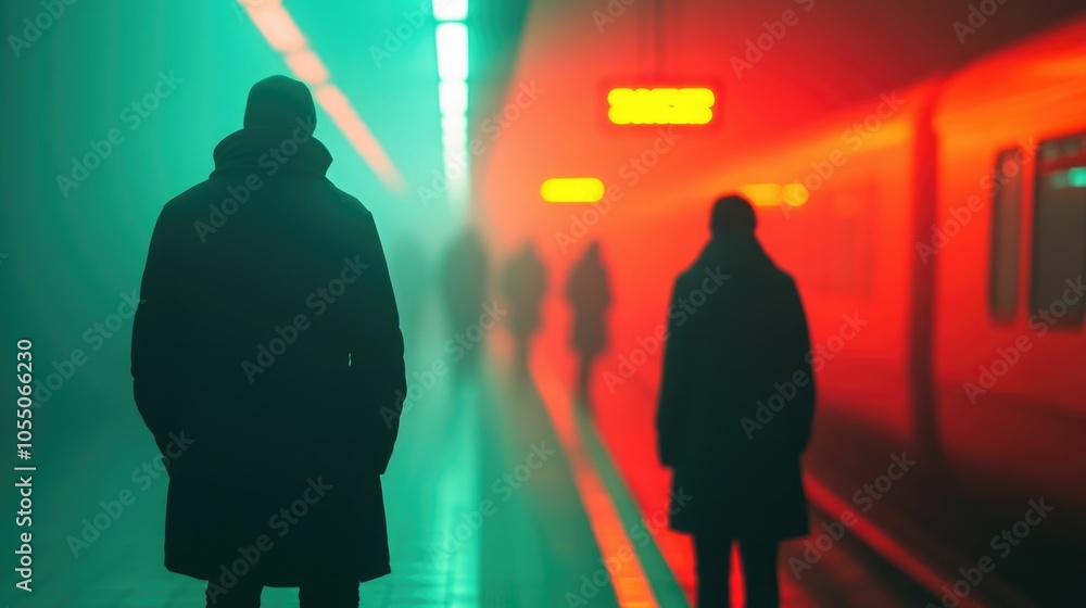 Poster commuters silhouetted against the glowing neon lights on a subway platform creating a moody atmosphe