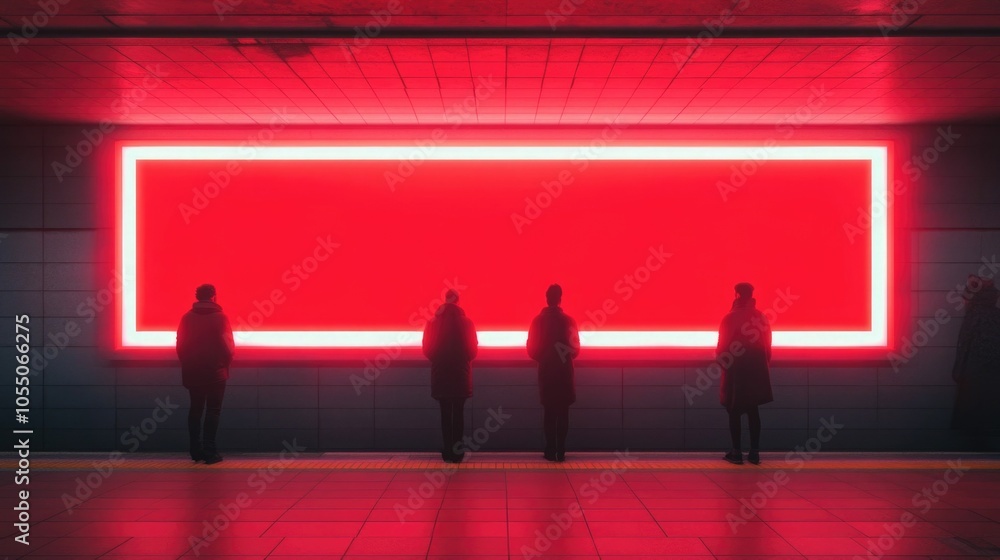 Poster shadowy silhouettes of commuters waiting on an illuminated subway platform the neon lights creating 