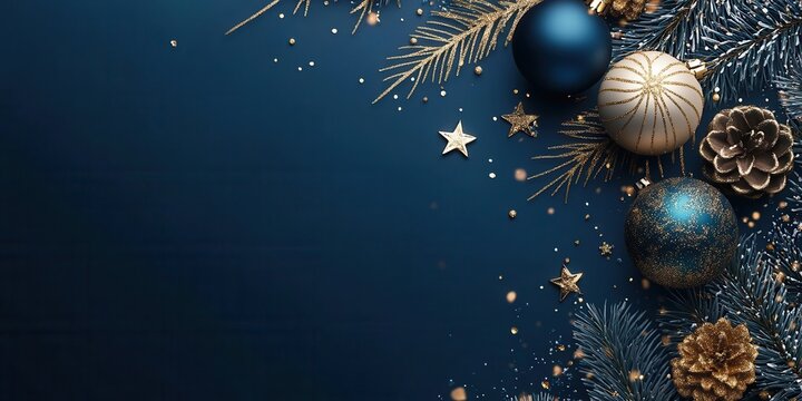 Holiday web banner with shimmering gold and blue baubles and glittering lights. Christmas advertising, promotional materials, holiday greetings, festive designs