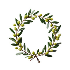 Olive Leaf Wreath with Green Olives on a White Background.