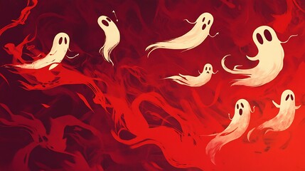 Halloween shadowy red vector background adorned with playful ghosts