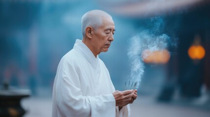 Elderly man in traditional robes lighting incense at an ancient ornate temple surrounded by deep depth of field architectural details and atmospheric lighting
