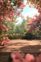 The wooden floor is surrounded by pink flowers, creating an outdoor scene with a blurred background.