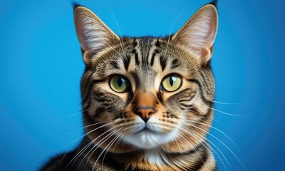 Obraz premium A cute tabby cat with striking green eyes, sitting against a vibrant blue backdrop, bringing joy on Blue Monday