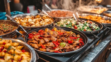 Fototapeta premium Sizzling Meat and Vegetables at Night Market