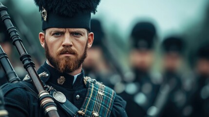 Portrait of a Scottish bagpiper dressed in full kilt regalia playing the bagpipes during a traditional Scottish event or The image features a deep depth of field