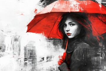 woman under a red umbrella on a white background with gray and black graphical elements