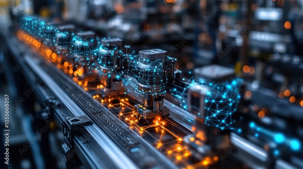 Poster industrial automation with robotic components and digital connections.