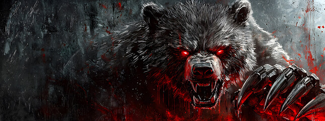 A fierce, snarling bear with red glowing eyes and claws in a dark, bloody setting.