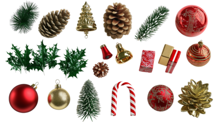 A Collection of Various Christmas Accessories Including Ornaments, Candy Canes, and Bells on a White Background
